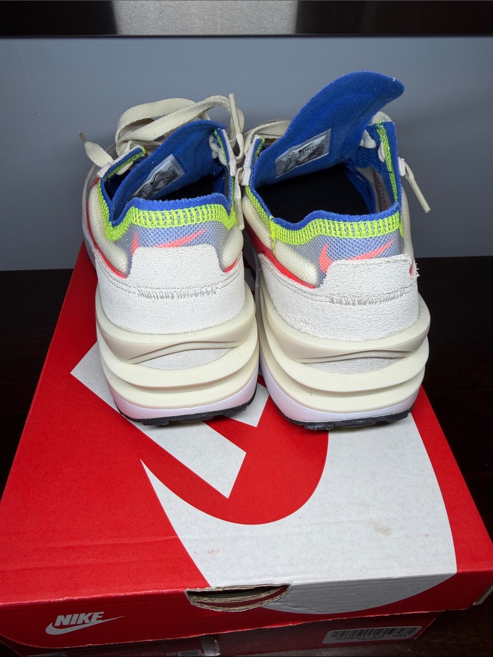 Nike Light Blue Sneakers with Red Swoosh and Neon Green Trim - Picture 3 of 6